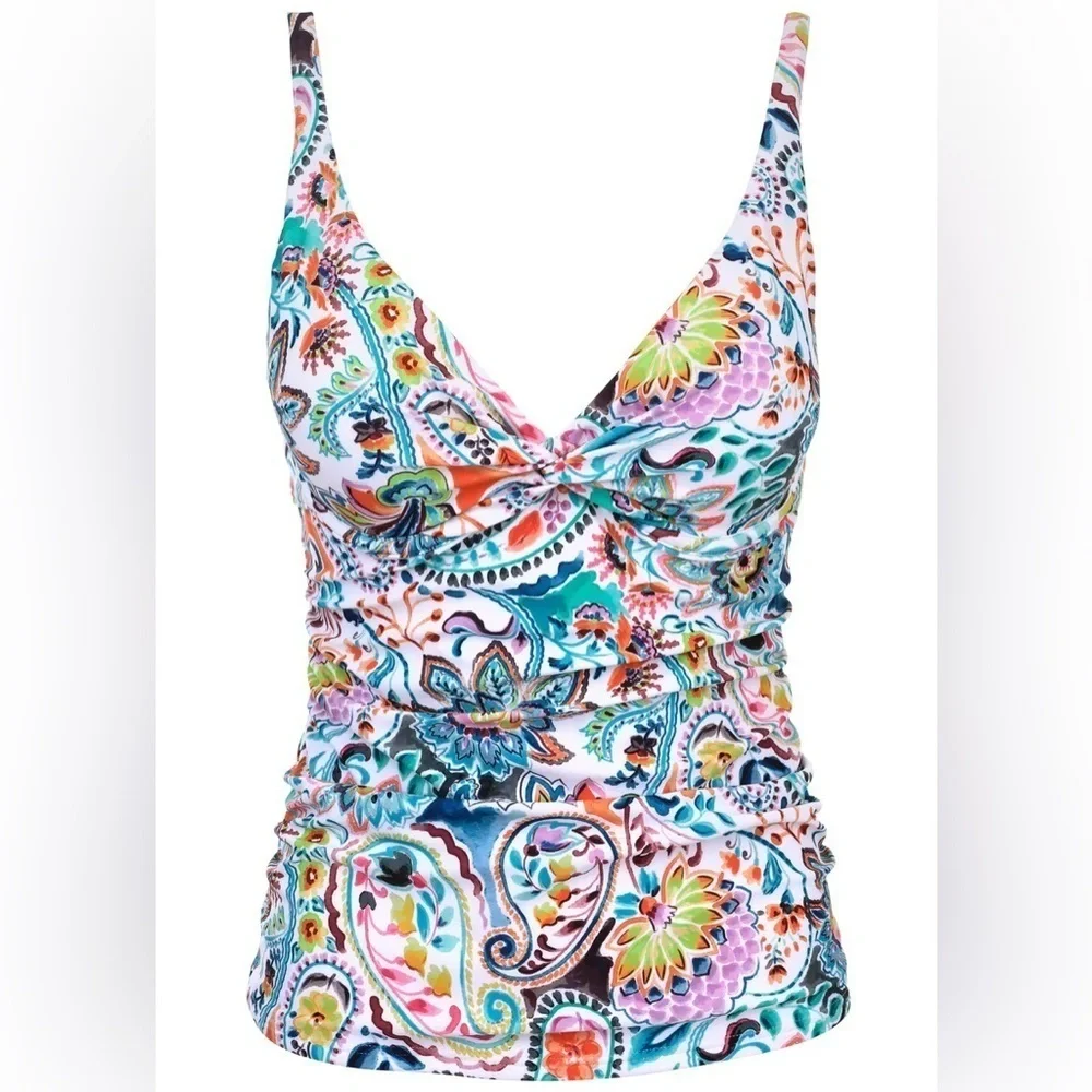 VENUS Blue and Orange Ruched Fitted Floral geometric Bikini tankini size 12 NWT